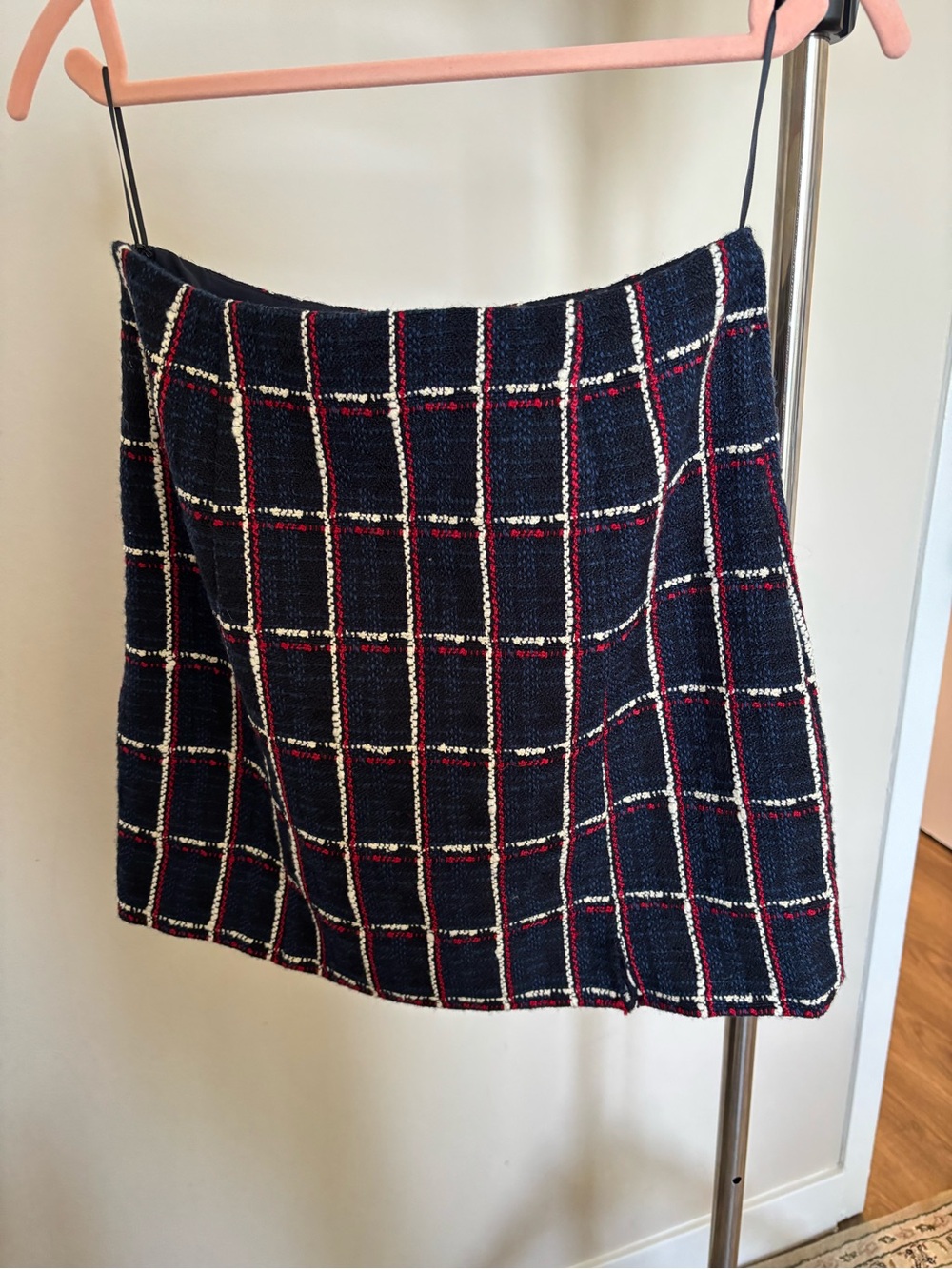 Favorite Daughter Navy Tweed Mini Skirt with White & Red Windowpane